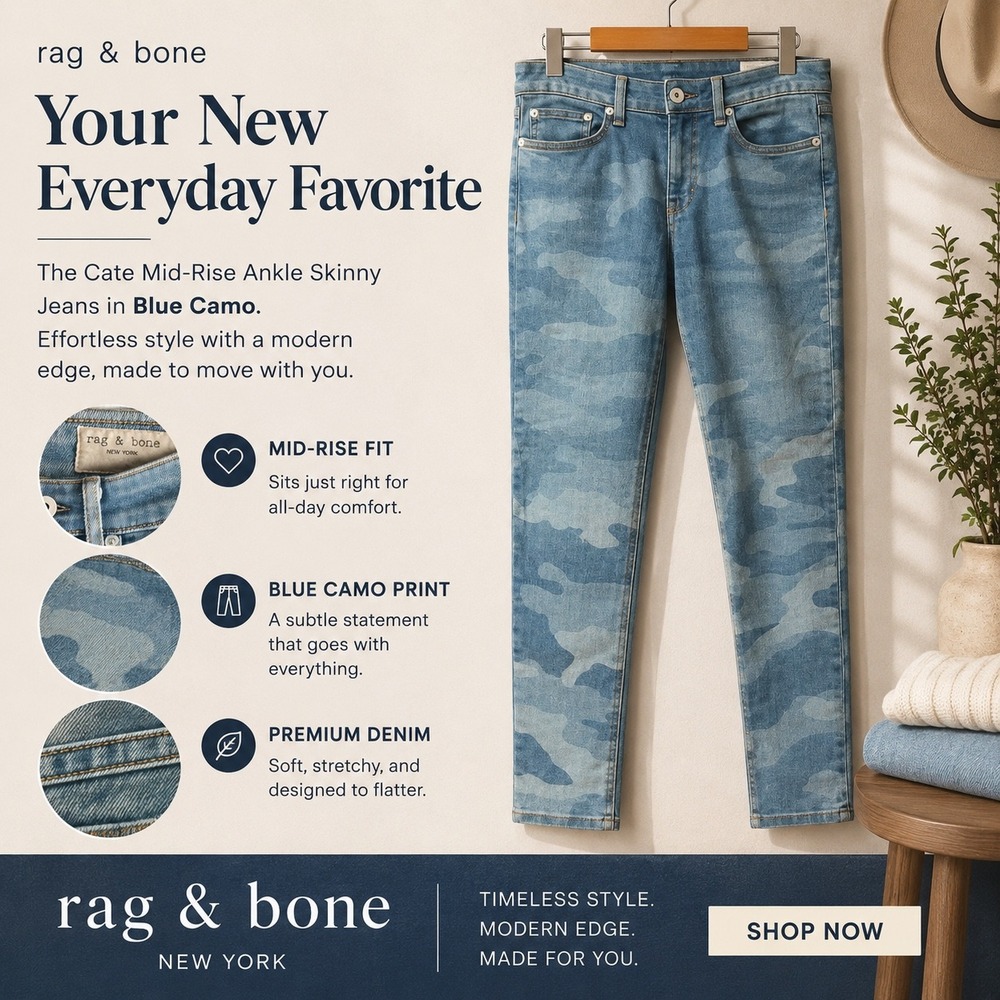 Rag & Bone Cate Mid-Rise Ankle Skinny Jeans Blue Camo W1526C434FDC Size 27